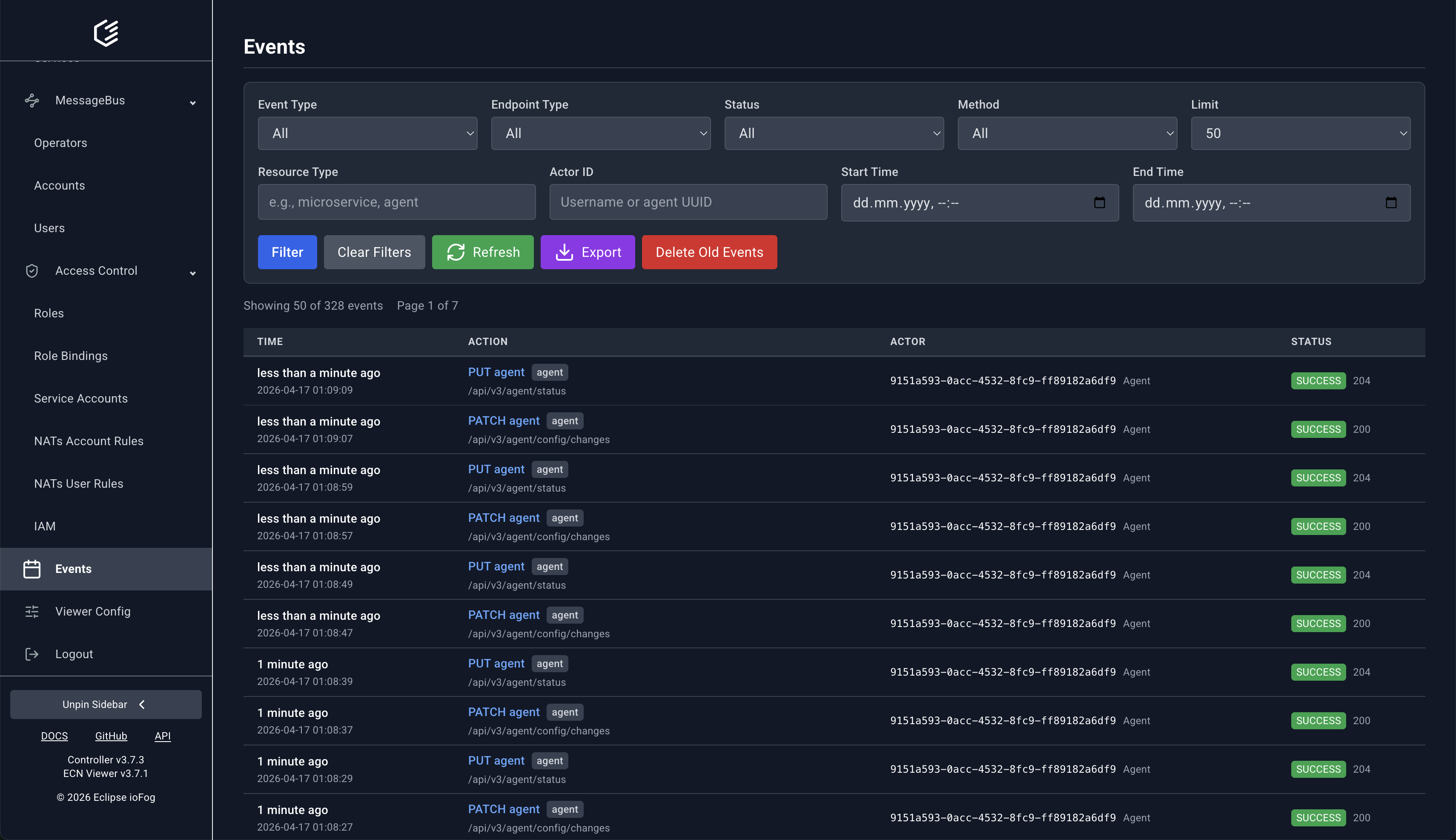 Events with filtering and export controls