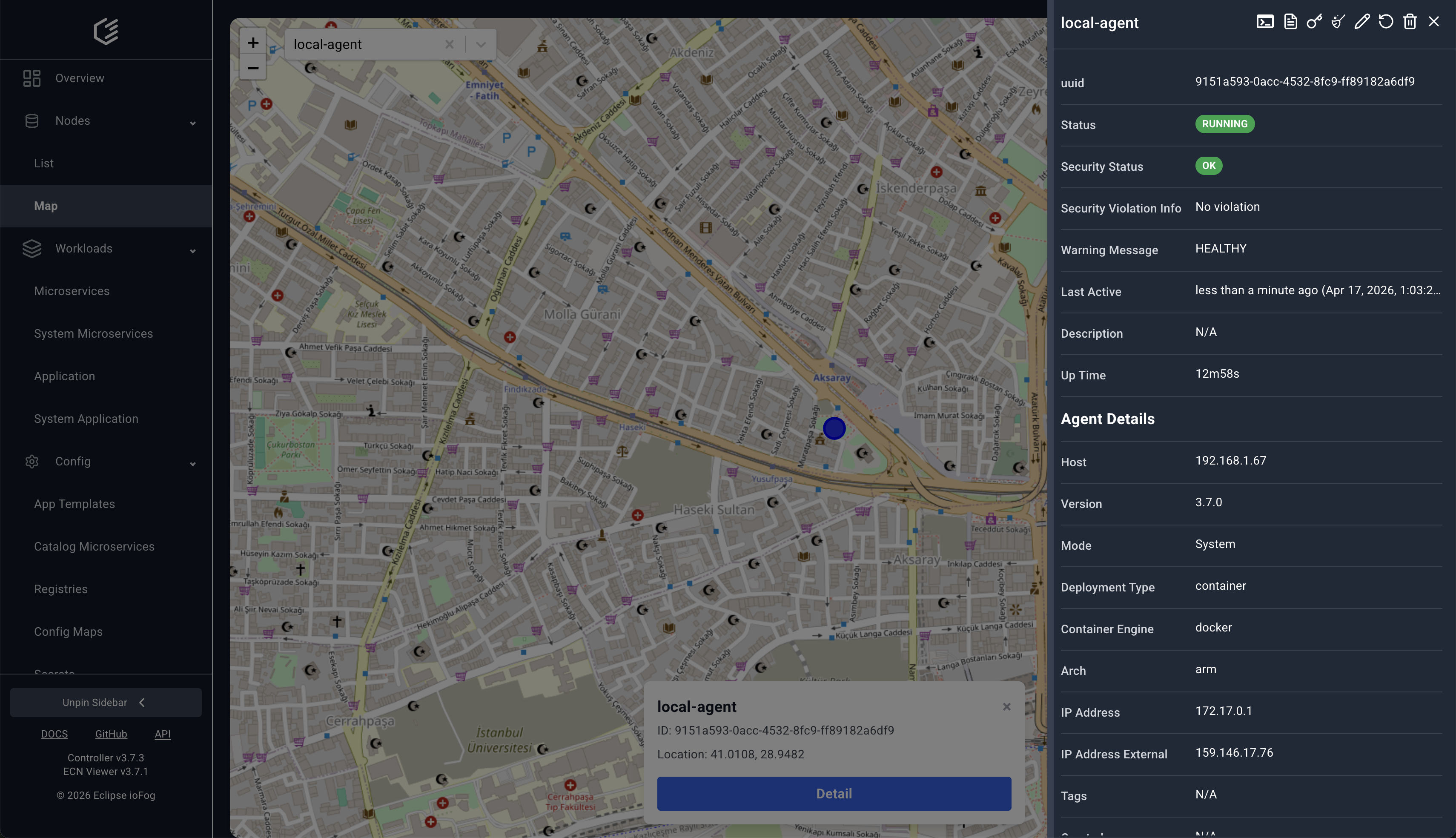 Agent map with selected node details
